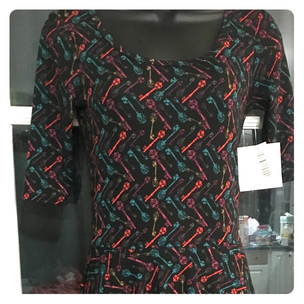 New! Xs Nicole with Skeleton Keys! Fit & flare dress 1/2 sleeves Black Rainbow
